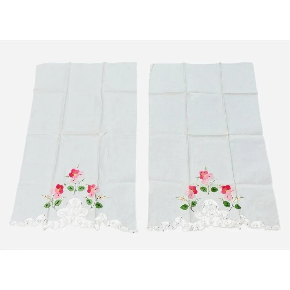 Vintage Pink Flower Linen Tea Towels Set 2 Lace Edge 22x14 Appliqué Embroidered